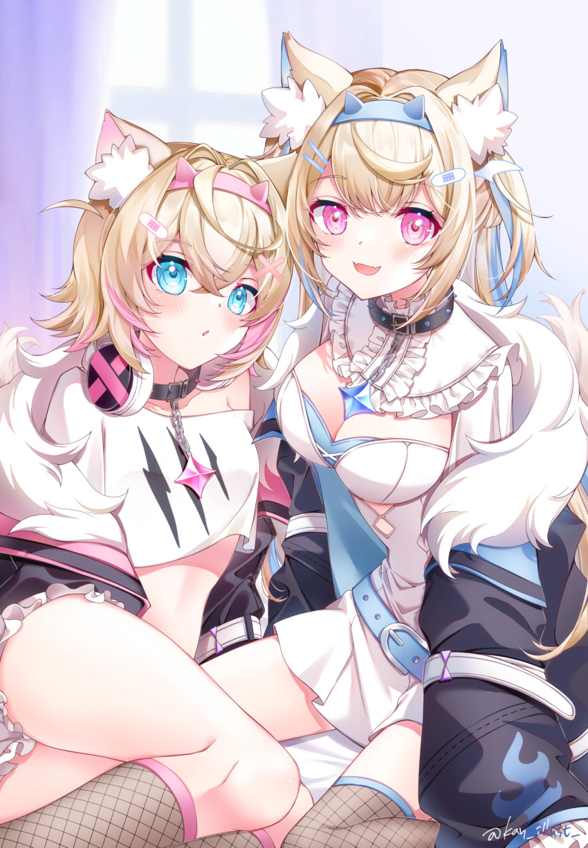 2girls animal_ear_fluff animal_ears bandaid bandaid_hair_ornament belt black_jacket blonde_hair blue_belt blue_eyes blue_hair breasts cleavage collarbone dog_ears dog_girl dog_tail dress fishnet_thighhighs fishnets fuwawa_abyssgard fuwawa_abyssgard_(1st_costume) hair_ornament hairclip headphones headphones_around_neck highres hololive hololive_english horn_hairband jacket kan_(kan0108) large_breasts long_hair looking_at_viewer medium_breasts mococo_abyssgard mococo_abyssgard_(1st_costume) multicolored_hair multiple_girls open_clothes open_jacket open_mouth parallel_hairclips pink_eyes pink_hair shirt short_hair siblings sisters smile stomach tail thighhighs thighs twins twitter_username virtual_youtuber white_dress white_shirt x_hair_ornament