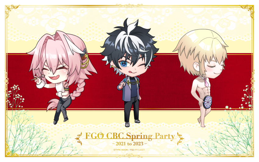 3boys abs astolfo_(fate) astolfo_(three_in_the_black)_(fate) black_hair black_pants blonde_hair blue_eyes charlemagne_(fate) chibi closed_mouth crop_top dart dartboard holding_dart lapel_chain laughing long_braid male_focus multicolored_hair multiple_boys muscular muscular_male necktie pants pink_hair pink_necktie roland_(fate) roland_(three_in_the_black)_(fate) streaked_hair white_hair