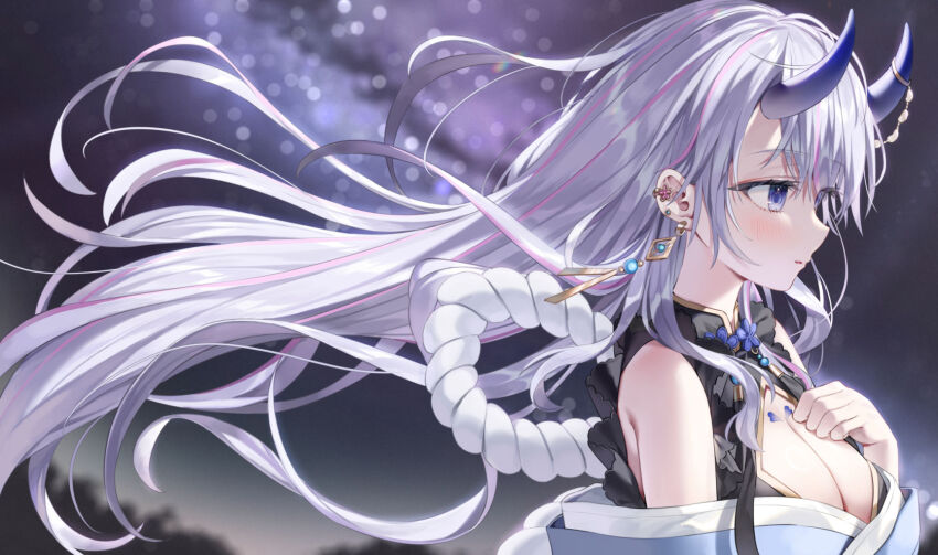 1girl antenna_hair blue_eyes blurry blurry_background blush bokeh breasts china_dress chinese_clothes cleavage cleavage_cutout clothing_cutout demon_horns depth_of_field dress earrings from_side gradient_hair grey_hair hand_on_own_chest highres horn_ornament horns indie_virtual_youtuber jewelry light_particles long_hair manmaru_(vtuber) medium_breasts multicolored_hair multiple_earrings night night_sky outdoors parted_lips pink_hair purple_eyes purple_hair sky sleeveless sleeveless_dress solo straight_hair stud_earrings tassel upper_body virtual_youtuber white_hair wind yana_mori