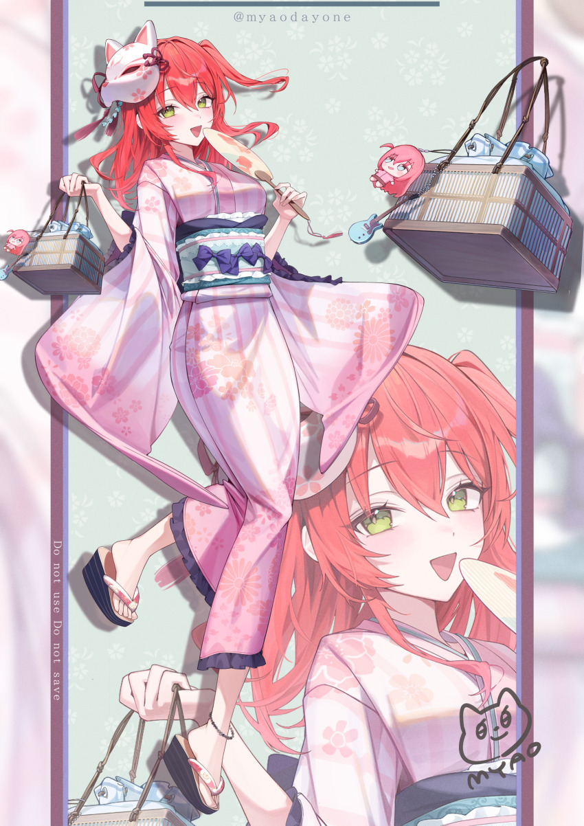 1girl absurdres alternate_costume anklet bag_charm barefoot blush bocchi_the_rock! character_charm charm_(object) fox_mask full_body gotoh_hitori green_eyes hair_between_eyes hair_ornament hand_fan highres holding holding_fan japanese_clothes jewelry kimono kita_ikuyo long_hair looking_at_viewer mask myao_(myaodayone) one_side_up open_mouth paper_fan pastel_colors pink_kimono red_hair sandals smile solo wide_sleeves yukata