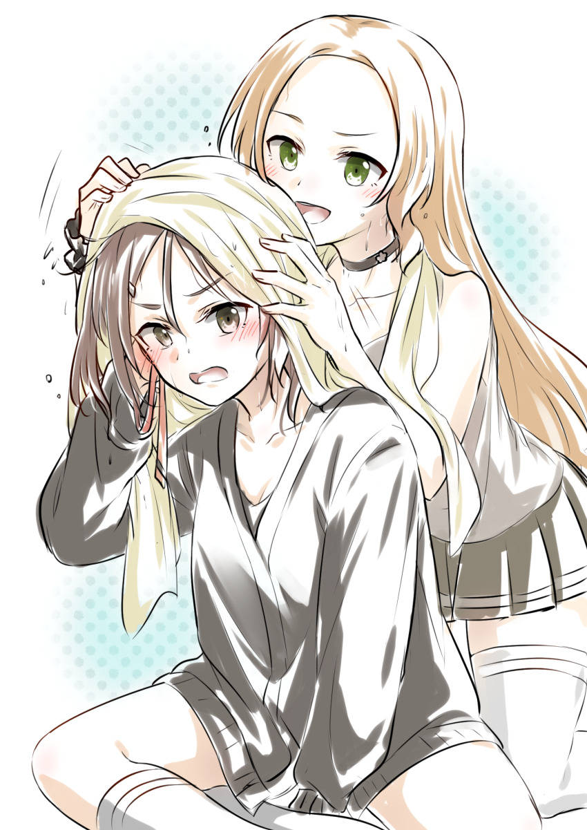 2girls :d black_choker black_wrist_cuffs blonde_hair blush brown_eyes brown_hair cardigan choker collarbone eda_udon embarrassed green_eyes grey_cardigan grey_skirt hair_ornament hairclip highres indian_style inubouzaki_fuu kneehighs kneeling long_hair miniskirt miyoshi_karin multiple_girls open_mouth pleated_skirt see-through_clothes see-through_shirt shirt sitting sketch skirt smile socks thighhighs towel towel_on_head very_long_hair wavy_mouth white_background white_shirt white_socks white_thighhighs wrist_cuffs yuuki_yuuna_wa_yuusha_de_aru yuusha_de_aru zettai_ryouiki