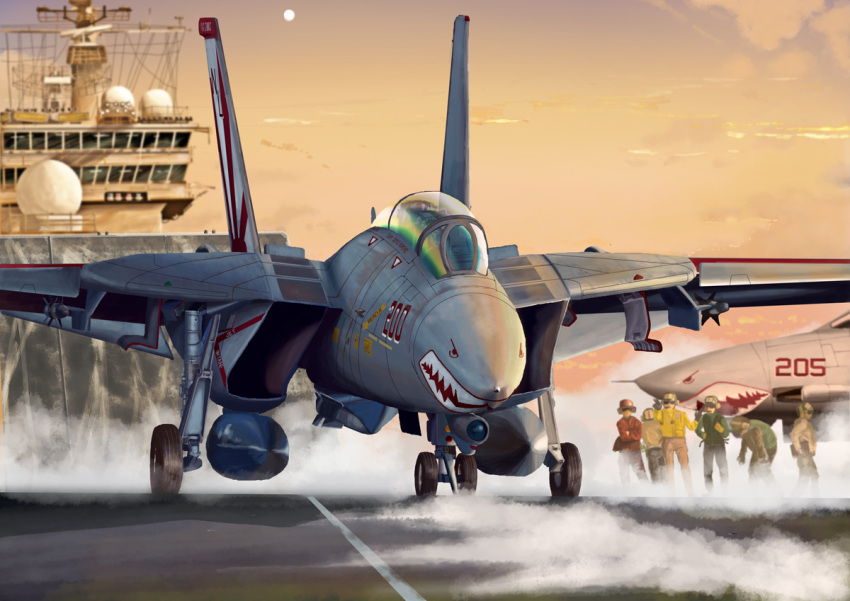 6+boys aim-54_phoenix aim-9_sidewinder air-to-air_missile air-to-surface_missile aircraft aircraft_carrier aircraft_marshaller airplane beyond-visual-range_missile control_tower drop_tank engineer f-14 f-14_tomcat fangs fighter_jet flight_deck goggles helmet i.t.o_daynamics male_focus military military_vehicle moon multiple_boys real_life realistic ship smoke soldier twilight uniform vehicle_focus warship watercraft