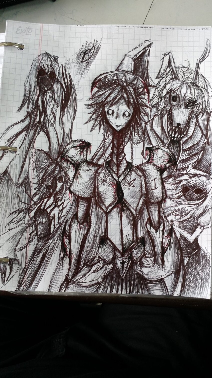 5girls animal_ears apron arm_cannon arm_up armor ascot back_spikes body_horror bow braid claws commentary cross detached_sleeves empty_eyes frilled_bow frilled_hair_tubes frills frog_hair_ornament greyscale hair_between_eyes hair_bow hair_ornament hair_tubes hakurei_reimu hat hat_bow hatching_(texture) herushiart highres hollow_eyes horror_(theme) izayoi_sakuya kirisame_marisa knight kochiya_sanae long_hair long_neck maid_headdress monochrome monster monster_girl multiple_girls open_mouth rabbit_ears rabbit_girl roman_numeral shaded_face sharp_teeth short_hair shoulder_armor signature single_hair_tube skirt snake_hair_ornament spanish_commentary tall_female teeth touhou touhou_igyoukyo traditional_media twin_braids variant_marisa variant_reimu variant_reisen variant_sanae variant_youmu vertical_mouth waist_apron weapon witch_hat yin_yang