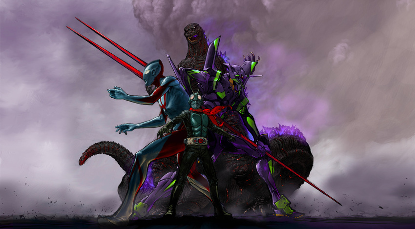 alien armor belt bident boots creator_connection cross_promotion crossover cyborg eva_01 evangelion:_3.0+1.0_thrice_upon_a_time fangs gainax giant giant_monster giant_robot gloves glowing glowing_eyes glowing_mouth glowing_spikes godzilla godzilla_(series) highres holding holding_weapon kaiju kamen_rider kamen_rider_1 khara_(animation_studio) lance lance_of_longinus_(evangelion) lipiah_(ultra_series) maeda_mahiro mask mecha monster multiple_crossover multiple_heads mushroom_cloud neon_genesis_evangelion official_art open_mouth polearm promotional_art rebuild_of_evangelion red_scarf robot scarf sea_monster shin_godzilla shin_japan_heroes_universe shin_kamen_rider shin_ultraman simple_background spear spikes standing studio_khara superhero_costume tail tail_head textless_version toei_animation toei_company toho trait_connection tsuburaya_productions ultra_series ultraman weapon