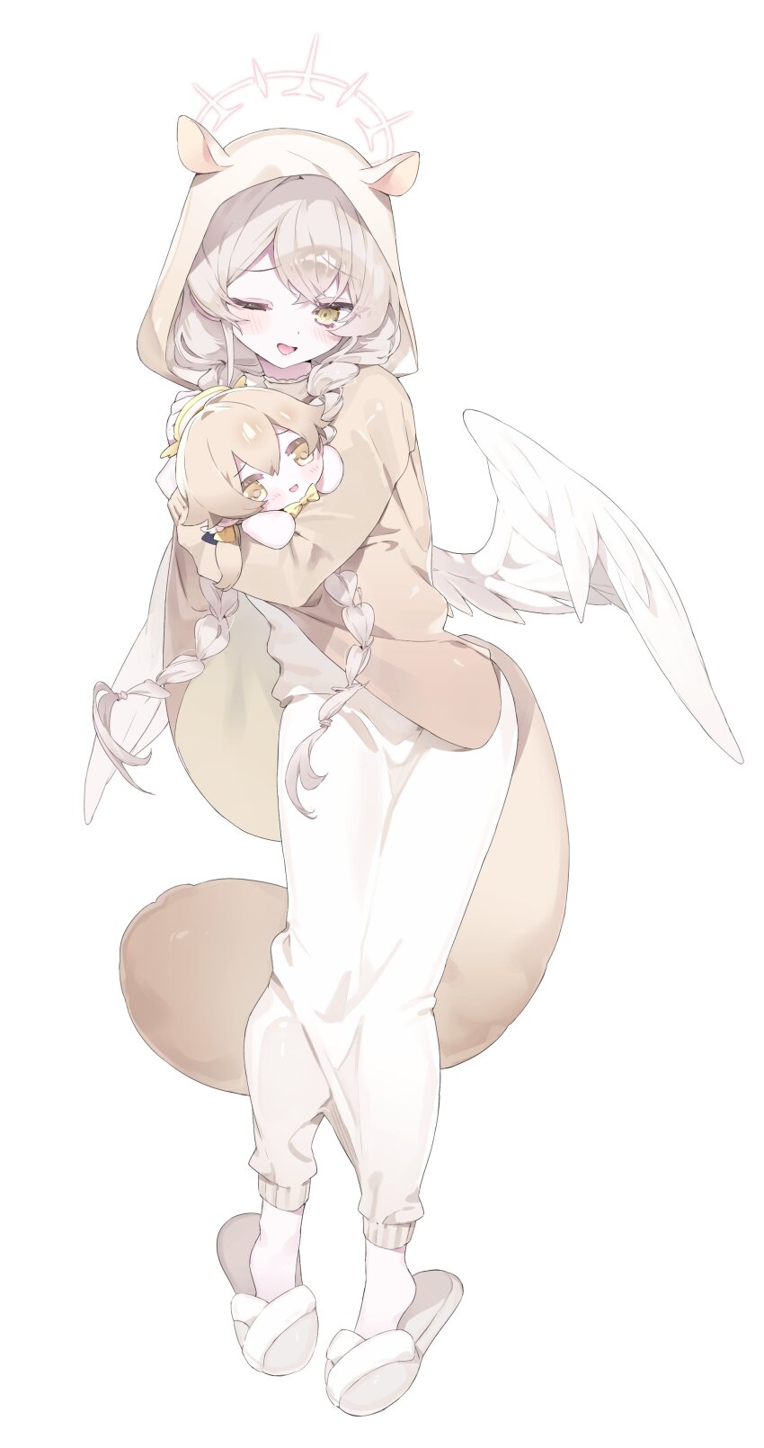 1girl ;d absurdres alternate_costume angel_wings animal_ears animal_hood blue_archive blush braid brown_hair commentary fake_animal_ears fake_tail feathered_wings full_body halo hifumi_(blue_archive) highres hood hood_up hugging_doll hugging_object long_hair long_sleeves low_twin_braids meunhongcha nagisa_(blue_archive) one_eye_closed open_mouth pajamas simple_background slippers smile symbol-only_commentary tail twin_braids white_background white_slippers white_wings wings yellow_eyes