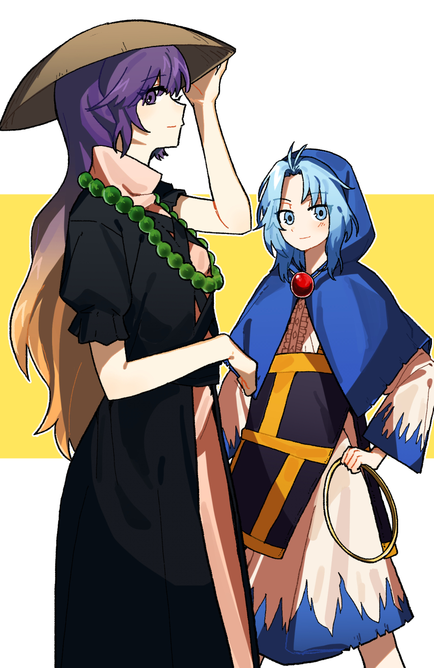2girls antinomy_of_common_flowers black_dress blue_capelet blue_eyes blue_hair capelet dress gradient_background highres hijiri_byakuren kumoi_ichirin looking_at_viewer multiple_girls puffy_short_sleeves puffy_sleeves purple_eyes purple_hair rog_33 short_sleeves smile touhou
