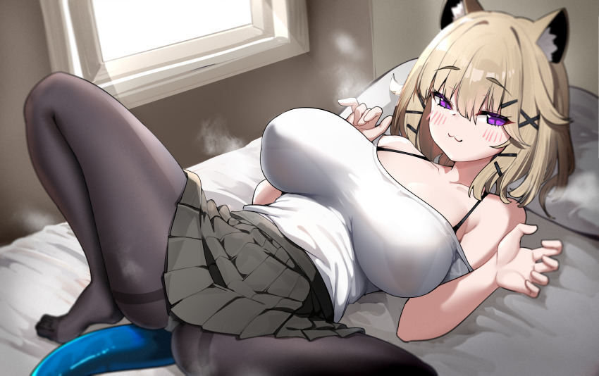 1girl :3 absurdres animal_ear_fluff animal_ears arknights bare_shoulders bed bed_sheet bedroom black_pantyhose black_skirt blush breasts breasts_apart brown_hair camisole cat_ears claw_pose collarbone dishui_tangni hair_ornament hairclip highres indoors large_breasts looking_at_viewer lying on_back on_bed pantyhose pillow pleated_skirt purple_eyes skirt solo spread_legs tail thighs utage_(arknights) white_camisole x_hair_ornament