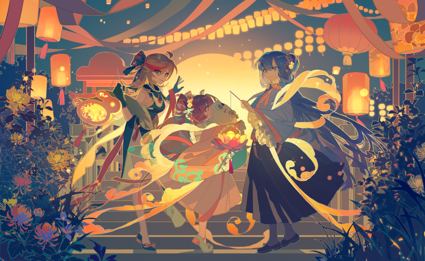 3girls alternate_costume black_dress blonde_hair blue_eyes blue_hair buro_(muse_dash) bush commentary dress english_commentary flower highres jewelry korean_clothes lantern lobelia_(saclia) long_hair looking_at_another looking_at_viewer marija_(muse_dash) multicolored_hair multiple_girls muse_dash necklace official_art orange_flower outdoors pearl_necklace pink_eyes pink_hair purple_flower red_hair rin_(muse_dash) smile streaked_hair very_long_hair