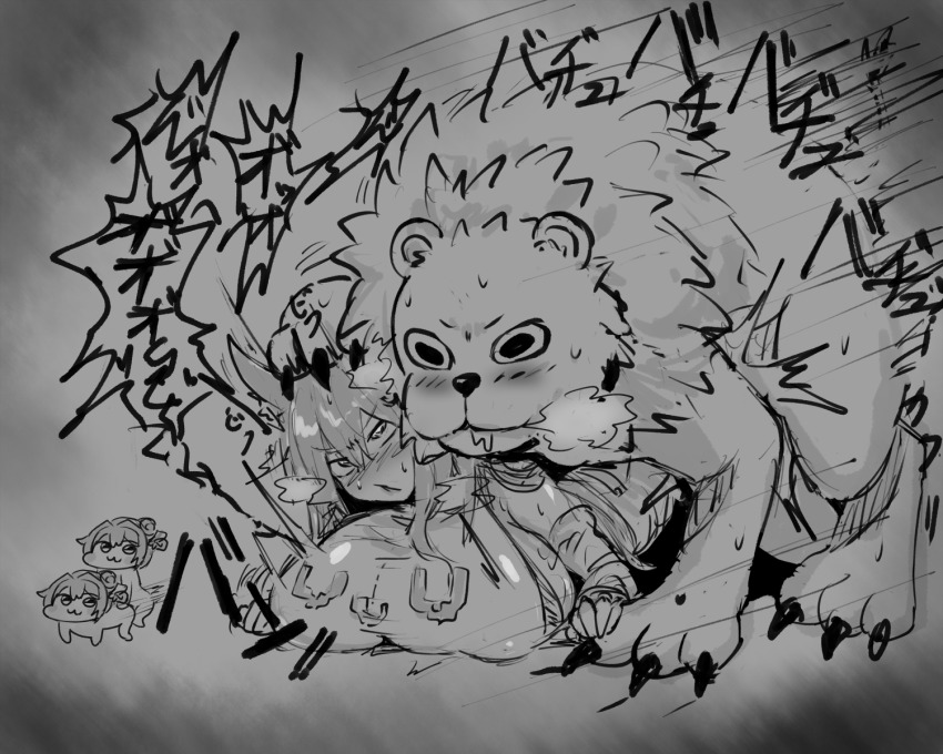 1girl animal animal_ear_fluff animal_ears bare_shoulders bestiality blush breasts detached_sleeves doro_(nikke) dorothy_(nikke) geist43195783 goddess_of_victory:_nikke greyscale hair_intakes highres huge_breasts leona_(nikke) lion long_hair monochrome sex sex_from_behind shirt sidelocks timi_(nikke)