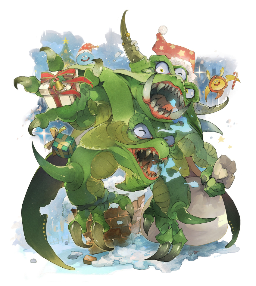 ^_^ bell brick candy candy_cane christmas christmas_ornaments christmas_present christmas_tree claws closed_eyes dragon_quest dragon_quest_iv extra_eyes extra_mouth food gift hat highres holding holding_gift holding_sack linne_(hld_doreko) mistletoe psaro_the_manslayer_(dragon_quest_iv) sack santa_hat slime_(dragon_quest)
