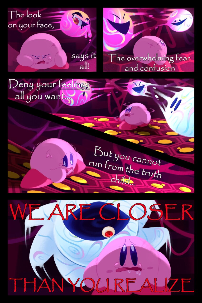 1boy 1other absurdres blush_stickers comic crying crying_with_eyes_open drooling english_text evil_smile eye_in_mouth highres kirby kirby_(series) kirby_star_allies melting melting_eyes nintendo one-eyed ooze panicking red_eyes red_footwear saliva scared smile taunting tears the_mad_fanatic transformation trembling void_soul void_termina void_termina_(final_core)