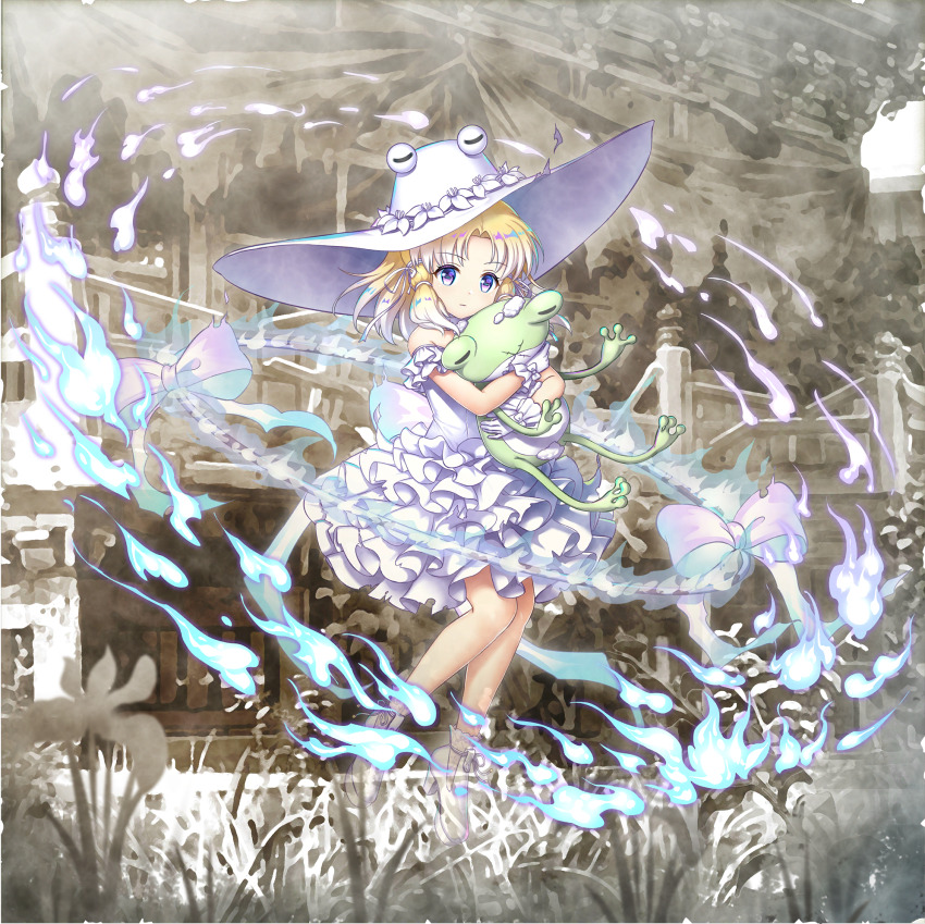1girl alternate_costume alternate_headwear_color blonde_hair blue_fire closed_mouth dress fading fire flower frog game_cg gradient_hair grass hair_ribbon hat hat_flower high_heels highres hugging_doll hugging_object iris_(flower) long_hair looking_at_viewer moriya_suwako multicolored_hair official_art purple_eyes ribbon rotte_(1109) solo stuffed_toy third-party_source touhou touhou_lostword transparent_background two-tone_hair wedding_dress white_dress white_flower white_footwear white_hair white_ribbon