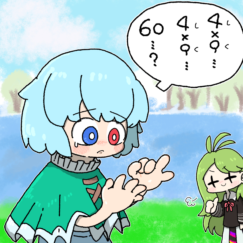 +_+ 2girls absurdres ahoge black_shirt blue_eyes blue_hair blue_skirt blue_sky blurry blurry_background blush bright_pupils capelet closed_mouth cloud commentary_request cookie_(touhou) day finger_counting forest frilled_capelet frills frown green_capelet green_hair heterochromia highres long_hair looking_at_another mioto_(cookie) muimui_(4242564muimui) multiple_girls nature neck_ribbon outdoors pink_ribbon red_eyes ribbon shirt short_hair skirt sky smile tatara_kogasa thumbs_up tone_sphere touhou translation_request tree trin_(tone_sphere) upper_body white_pupils