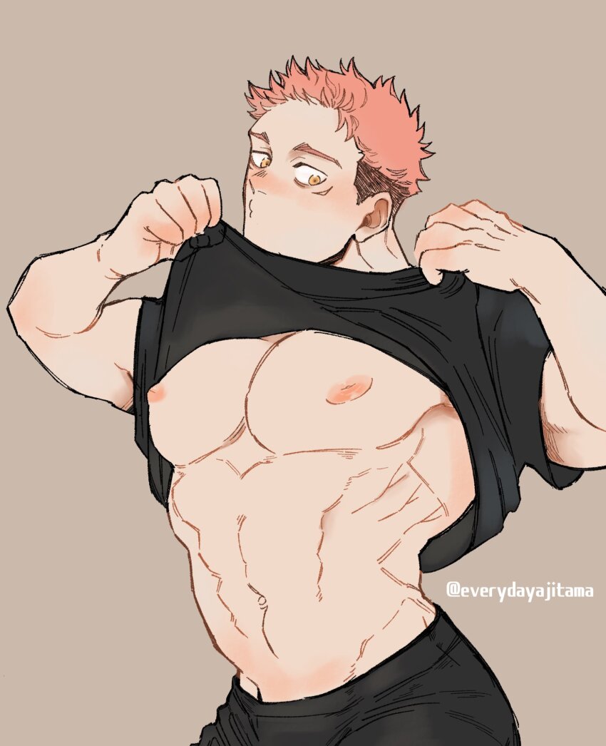 1boy abs alternate_pectoral_size bara cowboy_shot everydayajitama highres inverted_nipples itadori_yuuji jujutsu_kaisen large_pectorals lifting_own_clothes male_focus muscular muscular_male nipples pants pectorals pink_hair puckered_lips shirt short_hair solo standing stomach thick_eyebrows undercut undressing v-taper