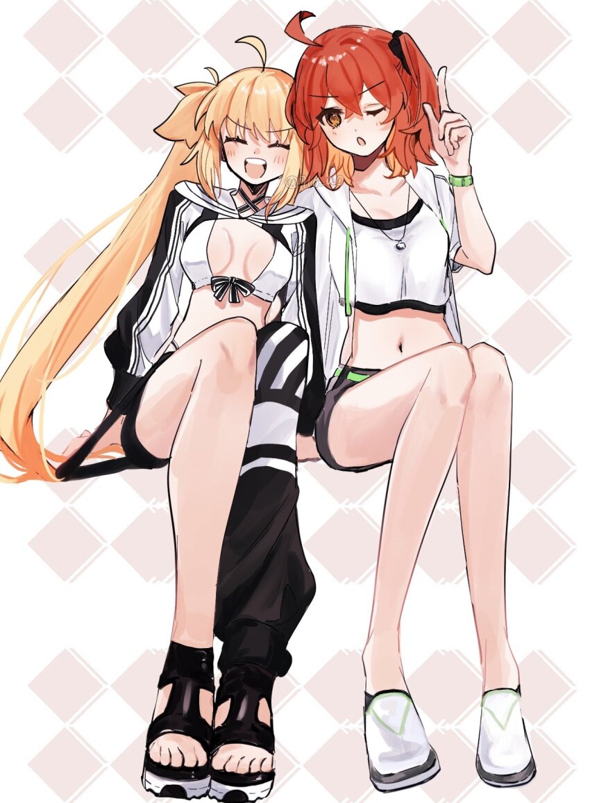 2girls 710_ao ^_^ ahoge artoria_caster_(fate) artoria_caster_(swimsuit_berserker)_(fate) artoria_caster_(swimsuit_berserker)_(first_ascension)_(fate) artoria_pendragon_(fate) asymmetrical_legwear blonde_hair bow bowtie bracelet breasts closed_eyes crop_top cropped_jacket fate/grand_order fate_(series) fujimaru_ritsuka_(female) fujimaru_ritsuka_(female)_(summer_street) full_body highres index_finger_raised jacket jewelry leaning_on_person long_hair multiple_girls navel necklace open_clothes open_jacket open_mouth orange_eyes orange_hair parted_lips scrunchie sidelocks small_breasts smile twintails