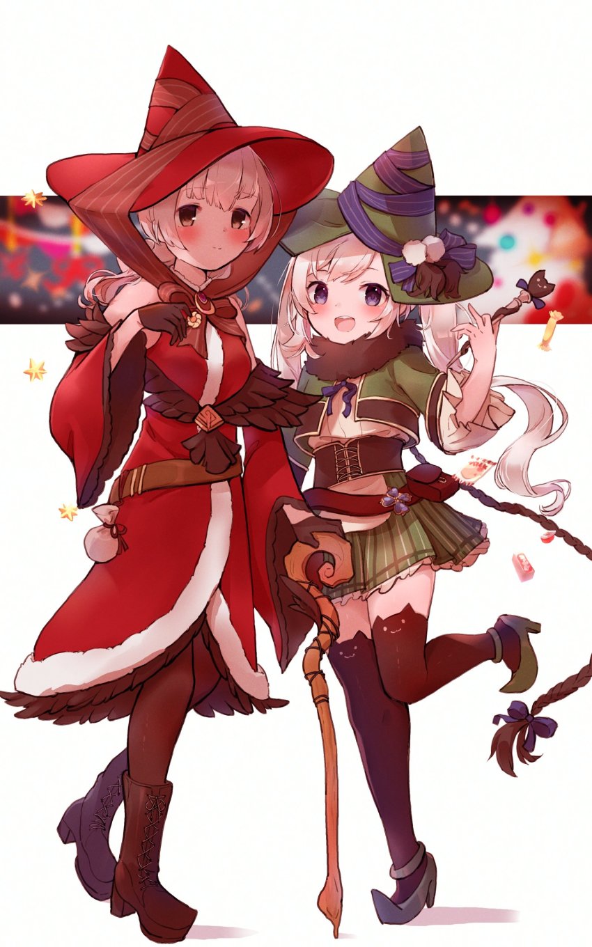 2girls :3 :d absurdres animal_ear_legwear arm_at_side belt belt_pouch black_pantyhose black_scarf black_thighhighs blue_ribbon blurry blurry_background blush boots brown_belt brown_corset brown_eyes brown_footwear brown_gloves brown_ribbon candy cat_ear_legwear chin_strap closed_mouth corset cropped_jacket cross-laced_footwear detached_sleeves dot_mouth dress food frilled_skirt frilled_sleeves frills fur-trimmed_dress fur_scarf fur_trim gem gloves green_footwear green_headwear green_jacket green_skirt grey_hair hand_up hat hat_ribbon hexagram highres jacket kashi_neko leg_up light_brown_hair long_hair looking_at_viewer low_twintails magia_record:_mahou_shoujo_madoka_magica_gaiden magical_girl mahou_shoujo_madoka_magica medium_hair miniskirt multiple_girls neck_ribbon octagram open_mouth pantyhose pointy_footwear pom_pom_(clothes) pouch purple_gemstone red_dress red_headwear red_sleeves ribbon satomi_nayuta satomi_nayuta_(christmas_ver.) scarf shirt shoes sidelocks skirt sleeveless sleeveless_dress three-quarter_sleeves smile sparkle split_mouth staff striped_clothes striped_ribbon striped_skirt swept_bangs tassel teeth thighhighs twintails upper_teeth_only vertical-striped_clothes vertical-striped_skirt very_long_hair wand wavy_hair white_pom_poms white_shirt witch_hat yakumo_mikage yakumo_mikage_(christmas_ver.) zettai_ryouiki