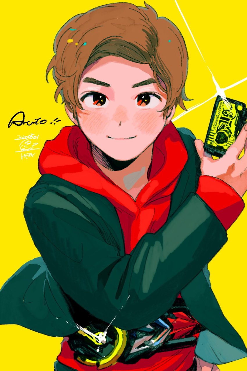 1boy black_jacket blush brown_hair cowboy_shot glint hiden_aruto highres holding hood hood_down hoodie jacket kamen_rider kamen_rider_01_(series) looking_at_viewer male_focus red_hoodie ruu_wan_mm short_hair signature simple_background smile solo yellow_background