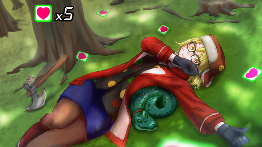 1girl alligator artist_request axe blonde_hair crocodilian fate/grand_order fate_(series) fur_hat grass hat highres pantyhose paul_bunyan_(fate) short_hair smile super_bunyan_(fate) super_bunyan_(first_ascension)_(fate) tree