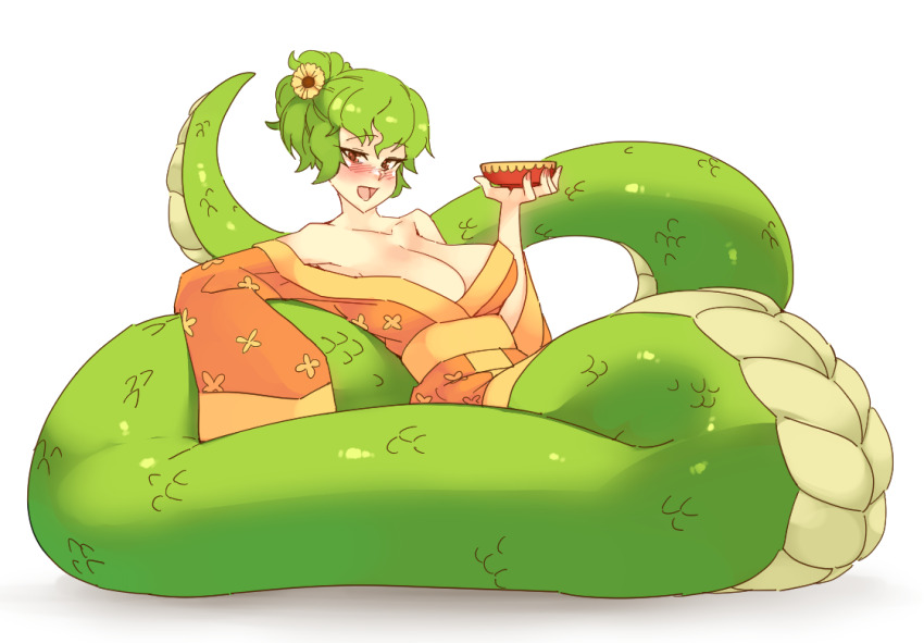 1girl alternate_costume alternate_hairstyle bare_shoulders blush breasts chinese_new_year cleavage collarbone cup flower green_hair hair_flower hair_ornament hair_up holding holding_cup japanese_clothes kazami_yuuka kimono lamia large_breasts looking_at_viewer monster_girl monsterification obi off_shoulder open_mouth orange_kimono red_eyes rtil sakazuki sash short_hair simple_background smile solo touhou white_background wide_sleeves