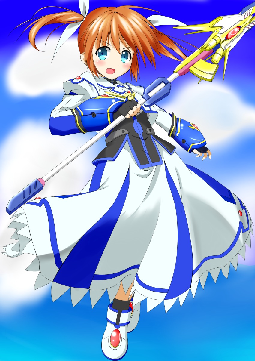 1girl absurdres aqua_eyes blush brown_hair cloud dat4147 day dress female_focus fingerless_gloves gloves hair_ribbon highres long_sleeves lyrical_nanoha magical_girl mahou_shoujo_lyrical_nanoha mahou_shoujo_lyrical_nanoha_a&#039;s mahou_shoujo_lyrical_nanoha_the_movie_2nd_a&#039;s open_mouth puffy_sleeves raising_heart raising_heart_(exelion_mode)_(2nd) ribbon short_twintails sky solo takamachi_nanoha takamachi_nanoha_(exelion_mode) twintails