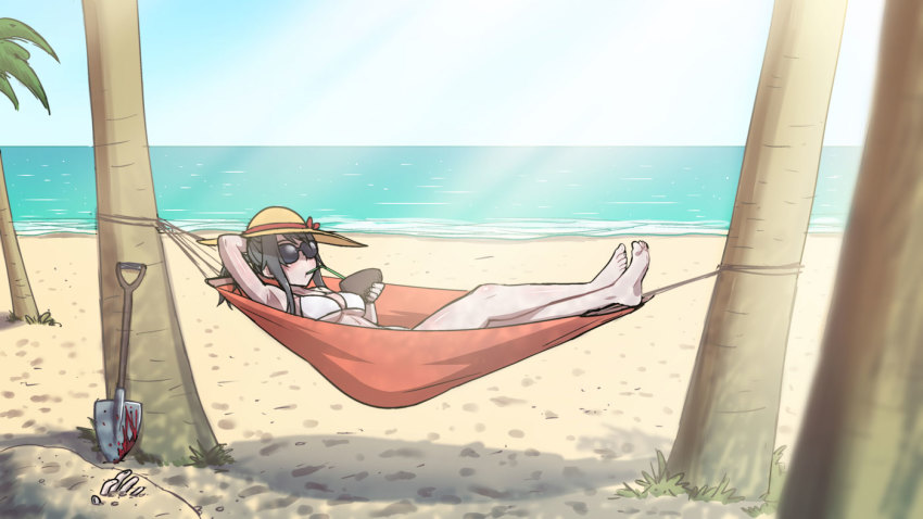 1girl ayano_aishi beach bikini blood blood_stain buried coconut day drinking_straw fruit_cup hammock hat kjech ocean official_art outdoors palm_tree shovel straw_hat sunglasses swimsuit tree worktool yandere_simulator