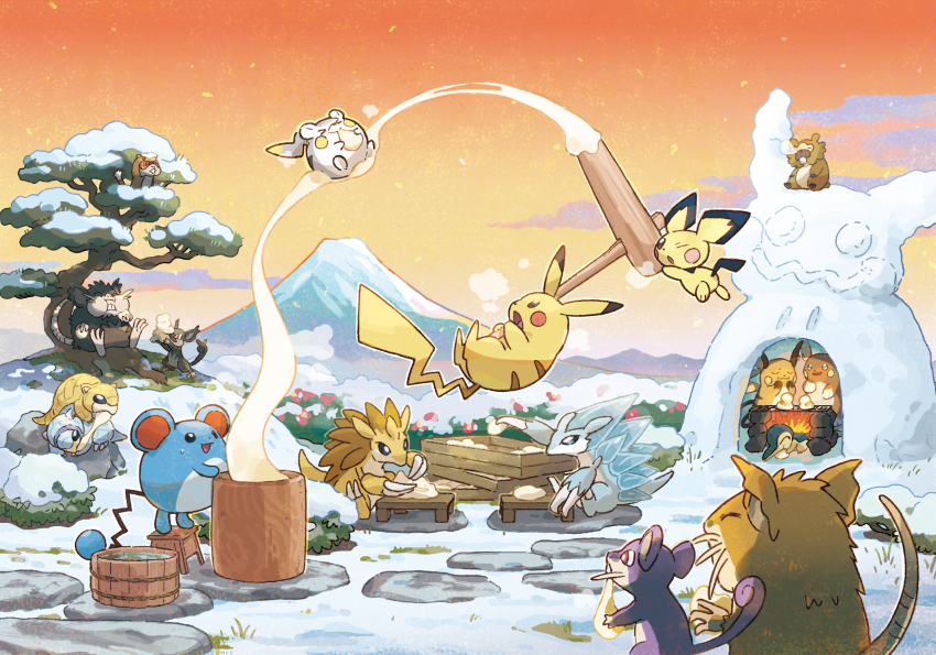 alolan_form alolan_raichu alolan_raticate alolan_rattata alolan_sandshrew alolan_sandslash bidoof bucket cyndaquil ditto eating fire food gen_1_pokemon gen_2_pokemon gen_4_pokemon gen_5_pokemon gen_7_pokemon happy_new_year highres igloo mallet marill mimikyu mochi mochi_trail mochitsuki mountain new_year nintendo official_art patrat pichu pikachu pokemon pokemon_(creature) raichu raticate rattata sandshrew sandslash sitting sleeping smile snow snow_shelter togedemaru tree