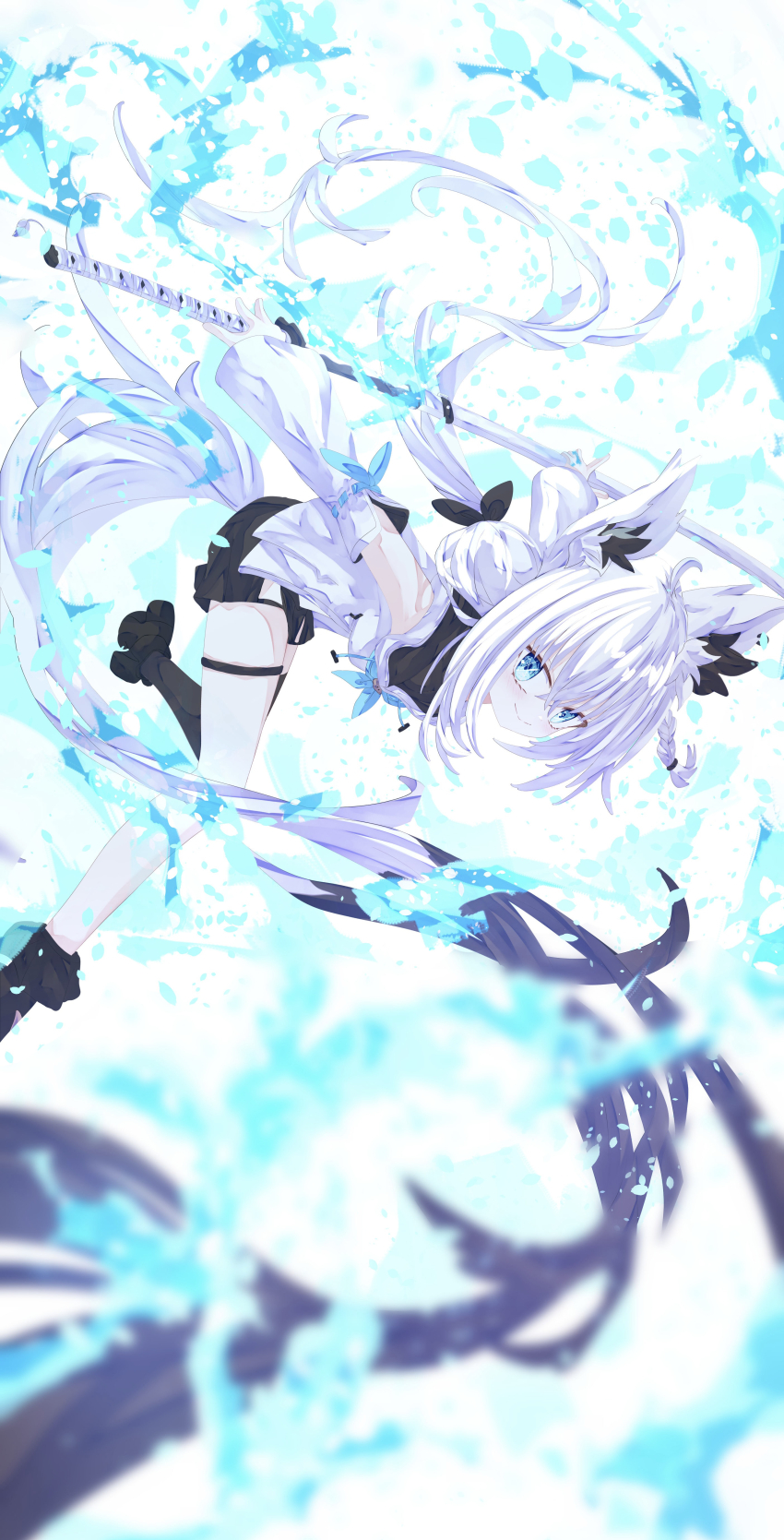 1girl absurdres ahoge animal_ear_fluff animal_ears black_shoes black_shorts black_thighhighs braid commentary_request detached_sleeves earrings fox_ears fox_girl fox_tail green_eyes hair_between_eyes highres holding holding_sword holding_weapon hololive hood hoodie jewelry katana long_hair looking_at_viewer shirakami_fubuki shirakami_fubuki_(1st_costume) shoes short_shorts shorts sidelocks single_braid single_thighhigh smile solo sword tail tatsunami1379 thigh_strap thighhighs virtual_youtuber weapon white_hair white_hoodie