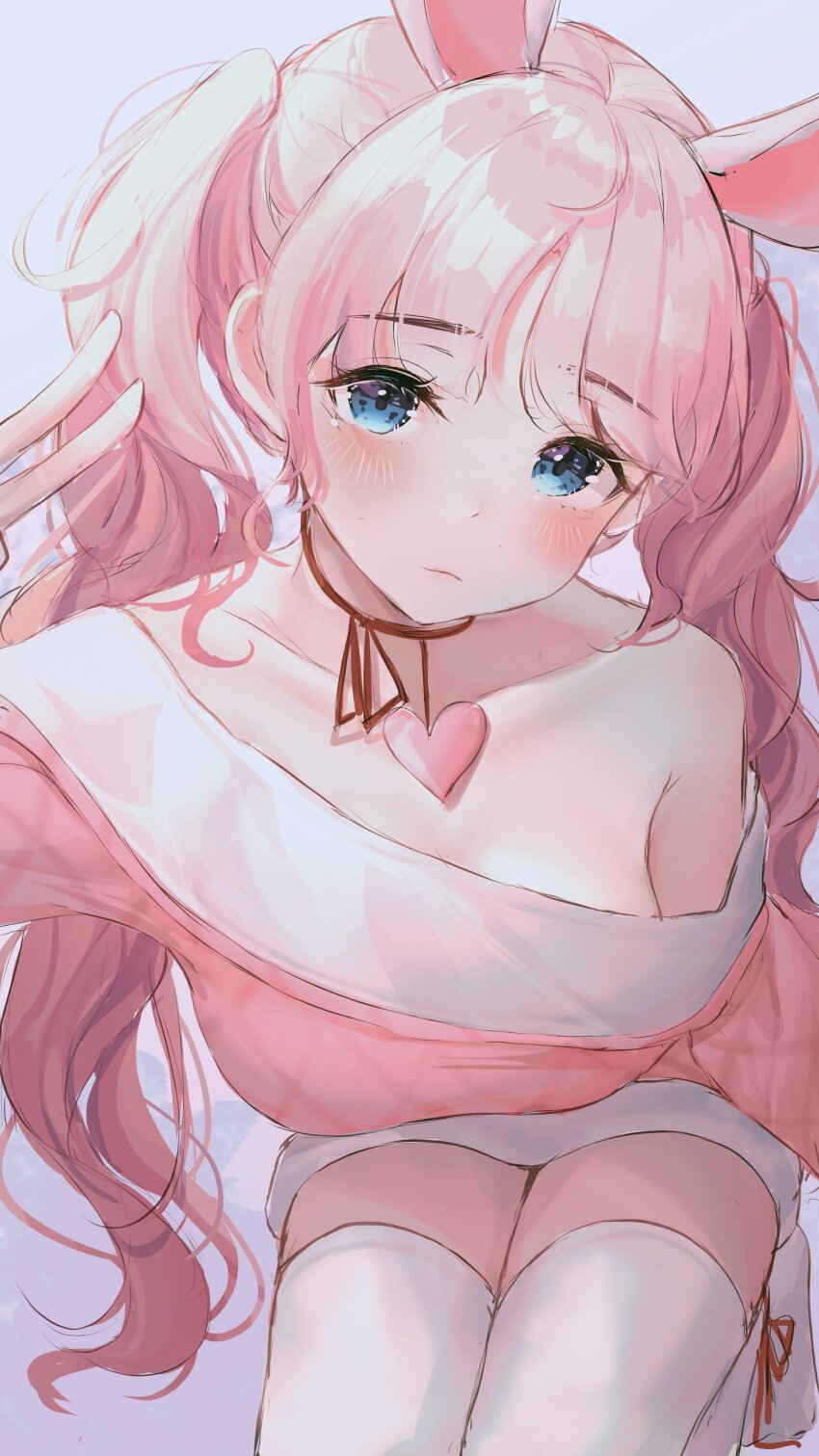 1girl absurdres animal_ears bare_shoulders bbeedol blue_eyes breasts choker commission heart highres long_hair looking_at_viewer medium_breasts off_shoulder original pink_hair pink_shirt rabbit_ears red_choker shirt solo thighhighs twintails v very_long_hair white_thighhighs zettai_ryouiki