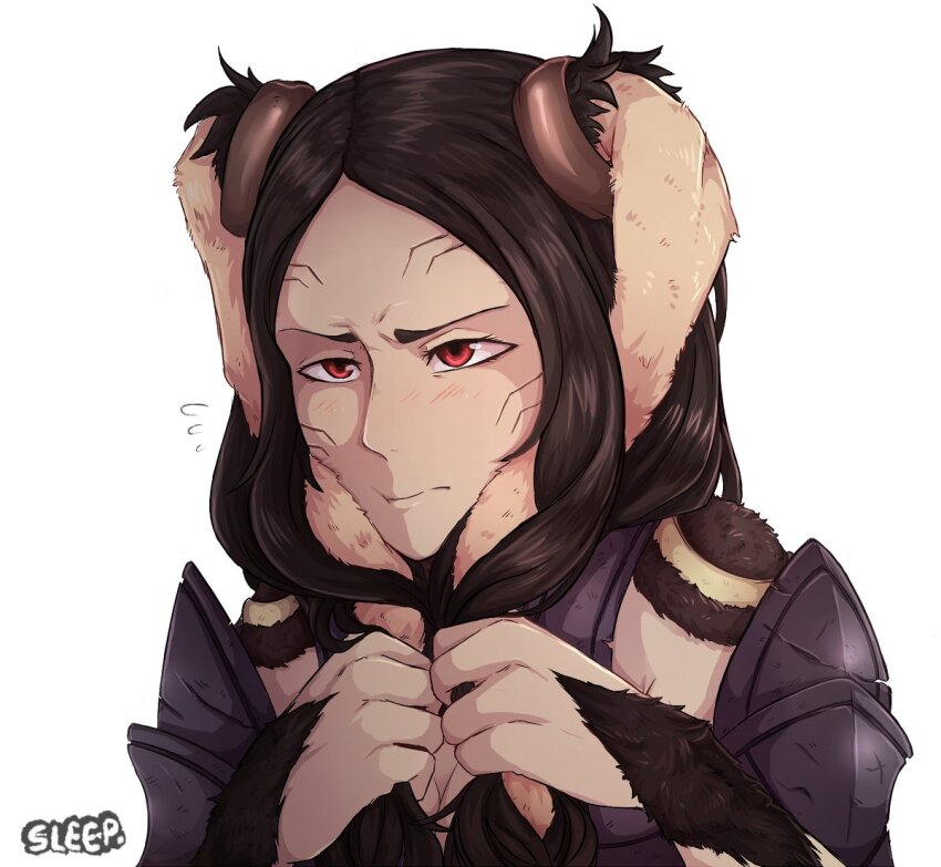 1girl animal_ears armor brown_fur brown_hair facial_mark fire_emblem fire_emblem_awakening hair_around_ear long_hair messy_hair nintendo panne_(fire_emblem) purple_armor rabbit_ears rabbit_girl red_eyes sleep_(isliping) taguel