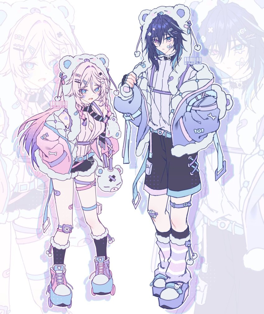 1boy 1girl alternate_costume artist_name bandaid bandaid_on_face belt blue_eyes blue_hair breasts citlali_(genshin_impact) cleavage cleavage_cutout closed_mouth clothing_cutout commentary facial_tattoo fingerless_gloves genshin_impact gloves gradient_hair grandmother_and_grandson hair_between_eyes hair_ornament hairclip hand_in_pocket hand_up hands_in_pockets hashtag-only_commentary head_tilt heterochromia highres jacket jewelry large_breasts long_hair long_sleeves looking_at_viewer looking_to_the_side multicolored_clothes multicolored_hair off_shoulder open_mouth ororon_(genshin_impact) pastel_colors pink_hair short_shorts shorts shoulder_tattoo sidelocks sleeveless socks standing streaked_hair sweater symbol-only_commentary tattoo thighlet too_many_hair_ornaments touyu_1210