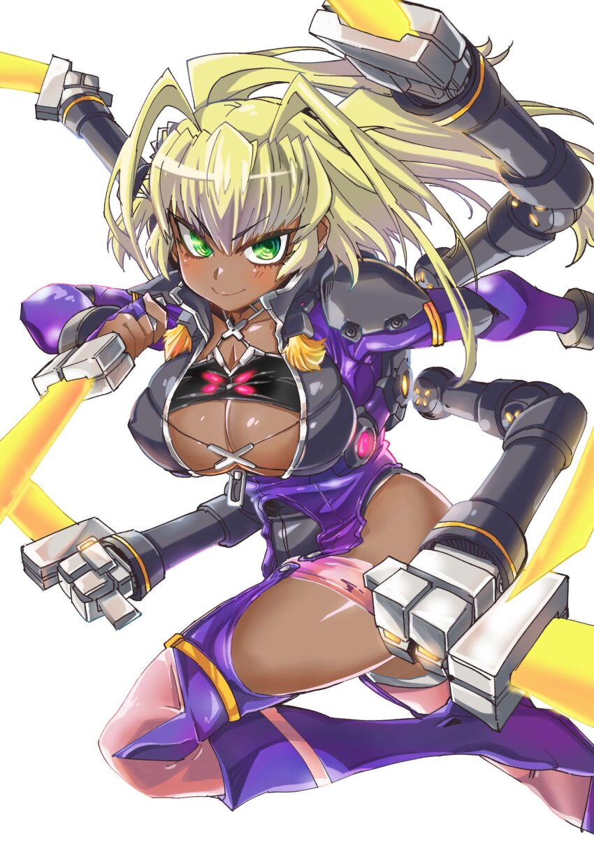 1girl antenna_hair blonde_hair boots breasts cleavage commentary_request curvy dark-skinned_female dark_skin dynamic_pose extra_arms fighting_stance green_eyes highleg highres holding holding_sword holding_weapon jumping kakoikomall large_breasts leotard long_hair looking_at_viewer shiny_skin smile solo sword taimanin_(series) taimanin_rpgx twintails weapon white_background yomi_akitsu