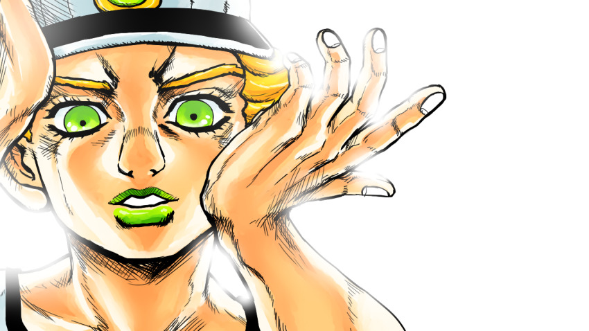 1boy baseball_cap blonde_hair child emporio_alnino green_eyes green_lips hand_on_another&#039;s_cheek hand_on_another&#039;s_face hat jojo_no_kimyou_na_bouken metamin_(memethah) migikata_no_chou_(vocaloid) official_style parody pov pov_hands solo_focus stone_ocean