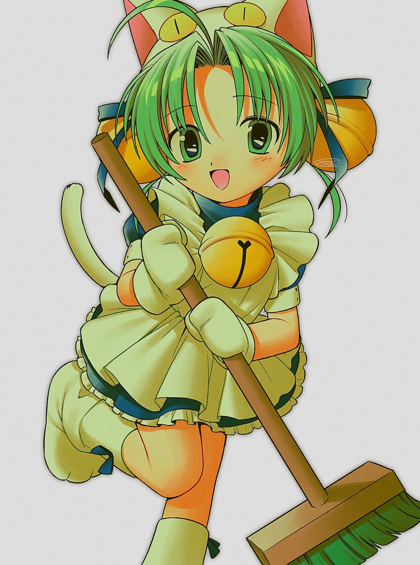 1girl :d ahoge animal_hat apron bell blue_dress blue_ribbon broom cat_girl cat_hat cat_tail dejiko di_gi_charat dress footwear_ribbon green_eyes green_hair hair_bell hair_ornament hair_ribbon hat highres holding holding_broom jingle_bell looking_at_viewer menma_(enaic31) mittens neck_bell open_mouth parted_bangs paw_shoes puffy_short_sleeves puffy_sleeves ribbon shoes short_hair short_sleeves signature smile solo tail white_apron white_hat white_mittens white_shoes