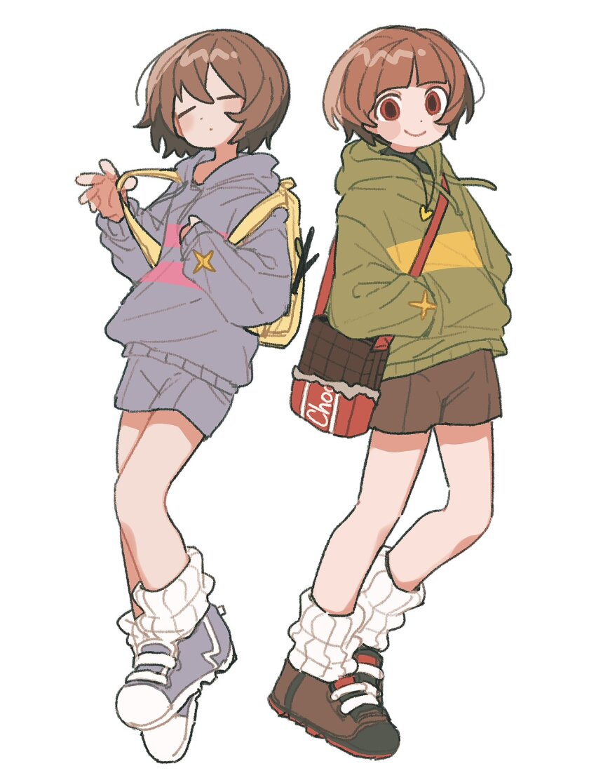 2others androgynous backpack bag blue_hoodie blue_shorts brown_hair brown_shoes brown_shorts chara_(undertale) child closed_eyes drawstring facing_viewer food-themed_bag frisk_(undertale) full_body green_hoodie hands_in_pockets heart_pendant highres holding_strap hood hoodie jewelry leg_warmers looking_at_viewer multiple_others other_focus pendant red_eyes shoes short_hair shorts simple_background smile standing tadeno undertale white_background