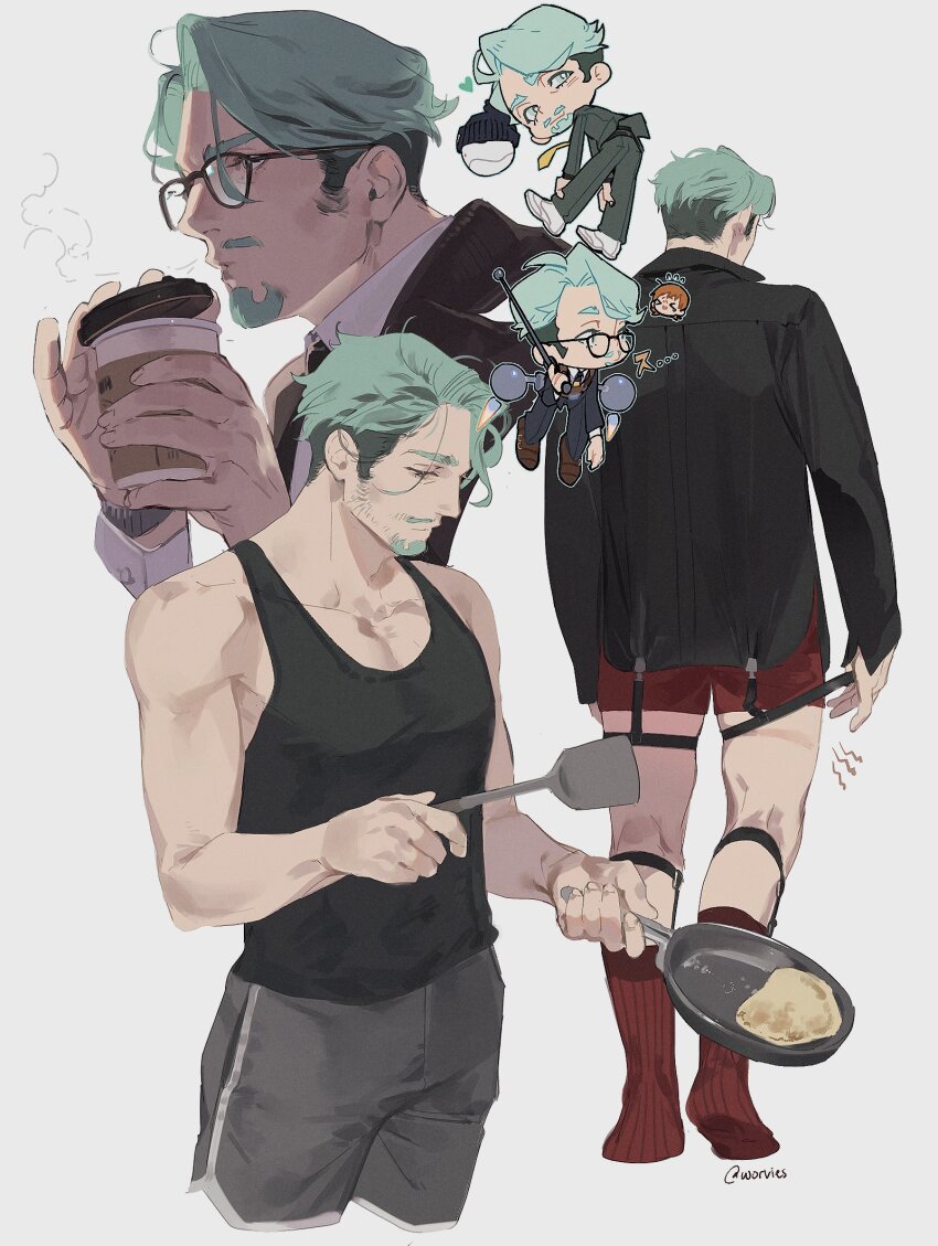 &gt;_&lt; bare_shoulders beanie black-framed_eyewear black_hair black_shirt black_tank_top blue_hair challia_bull character_request collarbone collared_shirt commentary cropped_legs cup curtained_hair disposable_coffee_cup disposable_cup english_commentary facial_hair frying_pan glasses goatee grey_jacket grey_pants gundam gundam_gquuuuuux hands_on_own_knees hat heart highres holding holding_cup holding_frying_pan holding_spatula jacket layered_sleeves legwear_garter long_sleeves looking_back male_focus male_underwear multicolored_hair multiple_views mustache pants red_male_underwear red_socks shirt shoes short_sideburns socks solo_focus spatula suit_jacket tank_top two-tone_hair underwear white_shoes worvies