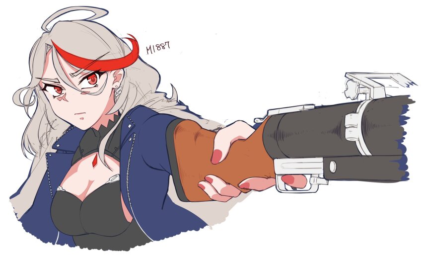 1girl ahoge aiming breasts character_name cleavage cleavage_cutout clothing_cutout commentary_request earrings girls&#039;_frontline grenade_launcher grey_hair gun hair_between_eyes highres holding holding_gun holding_weapon jacket jewelry kuroketto long_hair looking_at_viewer m1887_(girls&#039;_frontline) m79 medium_breasts multicolored_hair nail_polish red_eyes red_hair red_nails simple_background solo streaked_hair terminator_(series) terminator_2:_judgment_day upper_body weapon white_background