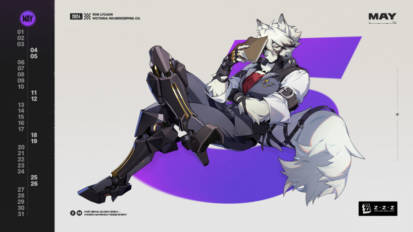 1boy animal_ears artist_request black_gloves book calendar_(medium) character_name commentary copyright_name english_commentary fingerless_gloves furry furry_male gloves grey_pants grey_vest highres holding holding_book looking_at_viewer male_focus may official_art pants prosthesis prosthetic_leg red_eyes shirt sitting tail vest von_lycaon white_shirt wolf_boy wolf_ears wolf_tail zenless_zone_zero