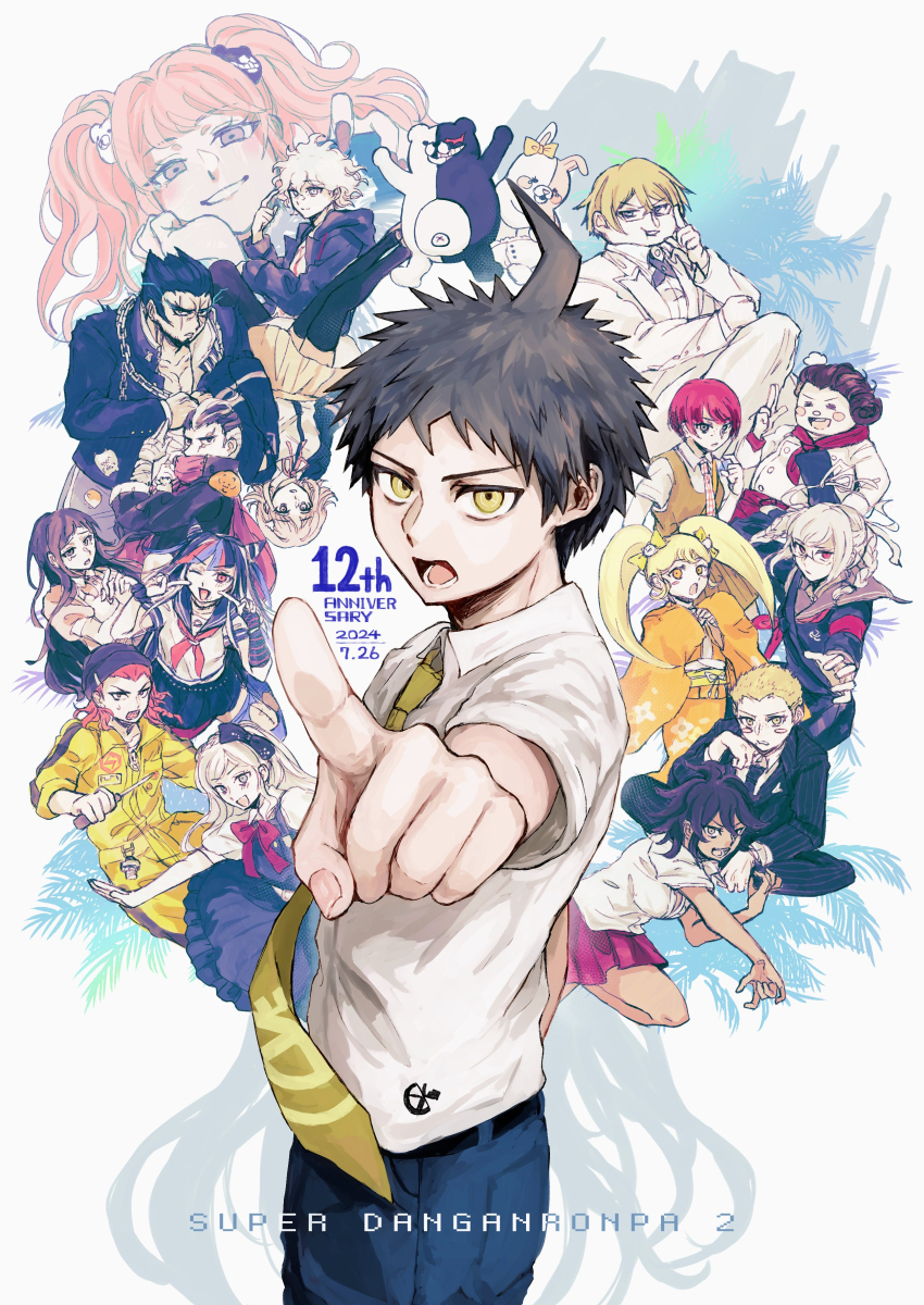 6+boys 6+girls absurdres black_hair blonde_hair blue_hair brown_hair closed_eyes danganronpa_(series) danganronpa_2:_goodbye_despair everyone hair_ornament hanamura_teruteru highres hinata_hajime koizumi_mahiru komaeda_nagito kuzuryu_fuyuhiko long_hair looking_at_viewer mioda_ibuki monokuma monomi_(danganronpa) multiple_boys multiple_girls nanami_chiaki nidai_nekomaru open_mouth owari_akane pekoyama_peko pointing pointing_at_viewer saionji_hiyoko short_hair skirt smile soda_kazuichi sonia_nevermind tanaka_gundham tetose togami_byakuya_(danganronpa_2) tsumiki_mikan