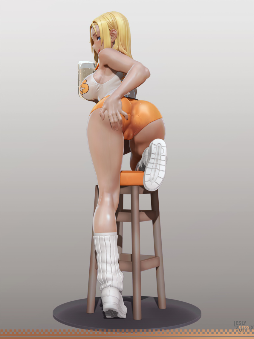 1girl 3d :q alcohol ass ass_grab back bad_id bad_pixiv_id bar_stool bare_shoulders beer beer_mug blonde_hair blue_eyes blush borrowed_character breasts butcha-u cameltoe cup dark-skinned_female dark_skin delightfully_fuckable_and_unrefined!! fat_mons female_focus full_body hand_on_own_ass highres hooters large_breasts leslyzerosix licking_lips long_hair looking_back loose_socks mari_(delightfully_fuckable_and_unrefined!!) mug orange_shorts original shirt short_shorts shorts sleeveless sleeveless_shirt smile socks solo stool tank_top tongue tongue_out wet wet_clothes white_footwear white_shirt white_socks