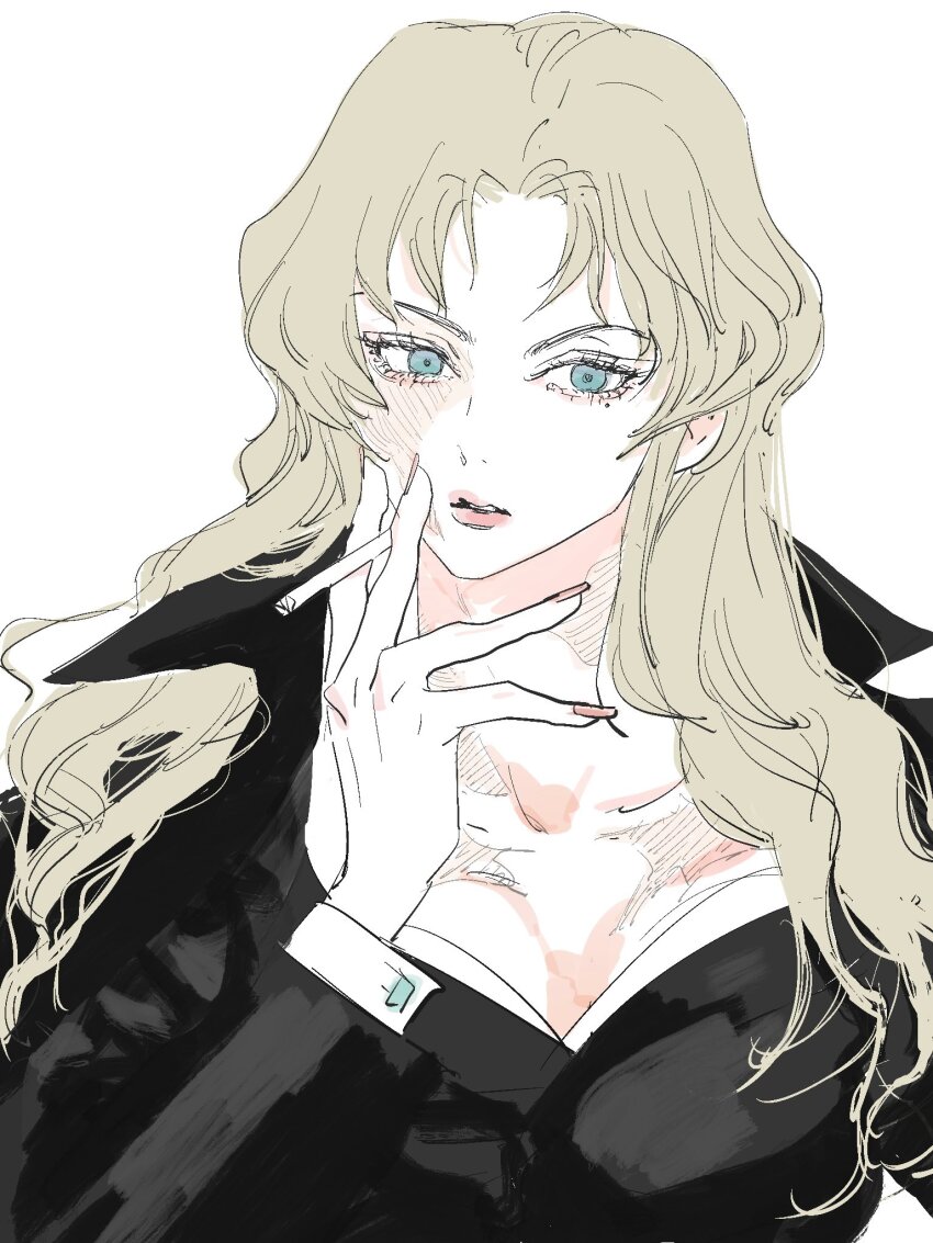1girl balalaika_(black_lagoon) black_coat black_jacket black_lagoon blonde_hair blue_eyes cigarette coat coat_on_shoulders commentary highres holding holding_cigarette jacket long_hair mole mole_under_eye needbee_r pink_lips pink_nails scar scar_on_face simple_background solo upper_body white_background