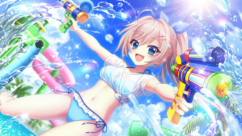 1girl :d ahoge bikini bikini_under_clothes blue_bikini blue_bow blue_eyes blue_sky bow breasts cleavage cloud day dot_nose dual_wielding dutch_angle film_grain frilled_bikini frills game_cg hair_bow hair_intakes hair_ornament hairclip high_ponytail himura_nagisa holding izumi_tsubasu long_hair medium_breasts navel non-web_source official_art open_mouth outdoors palm_tree pink_hair ponytail pool railing re:stage! see-through_cleavage see-through_clothes shirt side-tie_bikini_bottom sky smile solo sparkle splashing spraying stomach sun swept_bangs swimsuit t-shirt tied_shirt tree wading water_drop water_gun water_slide waterpark wet wet_clothes wet_shirt white_shirt