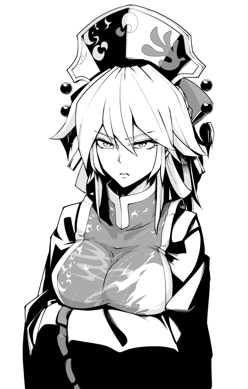 1girl black_dress breasts chinese_clothes crescent dress greyscale hands_in_opposite_sleeves highres junko_(touhou) junko_day kikoka_(mizuumi) large_breasts long_hair looking_at_viewer monochrome phoenix_crown phoenix_print pom_pom_(clothes) serious simple_background solo tabard touhou white_background wide_sleeves