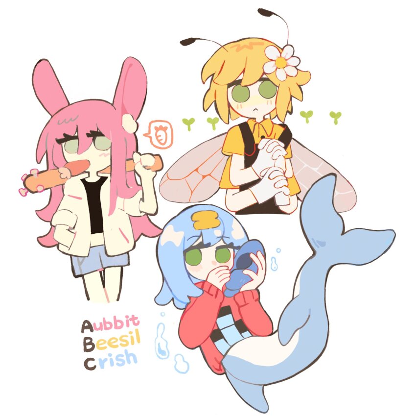 1boy 2girls :&lt; animal_ear_fluff animal_ears antennae artistic_error aubrey_(faraway)_(omori) aubrey_(omori) baseball_bat basil_(faraway)_(omori) basil_(omori) bee_wings black_overalls blonde_hair blue_hair blue_shorts carrot closed_mouth commentary cris_(omori) cropped_legs cropped_torso denim denim_shorts double-parted_bangs english_commentary extra_arms fins fish_tail flower gloves green_eyes hair_between_eyes hair_flower hair_ornament hand_in_pocket highres holding holding_baseball_bat holding_seashell insect_wings interlocked_fingers jacket kemonomimi_mode long_hair long_sleeves looking_at_viewer mouth_hold multiple_girls nail nail_(hardware) nail_bat no_pupils omori open_clothes open_jacket overalls own_hands_clasped own_hands_together paperbubu pink_hair rabbit_ears rabbit_girl red_sweater seashell shell shirt short_hair short_shorts short_sleeves shorts simple_background spoken_food sweater tail white_background white_flower white_gloves white_jacket yellow_shirt