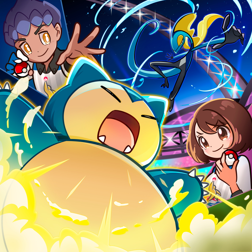 1boy 1girl absurdres airborne blue_gloves blue_hair blush breasts brown_eyes brown_hair claws closed_eyes collared_shirt commentary dark-skinned_male dark_skin fangs gen_1_pokemon gen_8_pokemon gloria_(pokemon) gloves gym_challenge_uniform hair_between_eyes highres holding holding_poke_ball hop_(pokemon) inteleon looking_at_another medium_breasts mismatched_eyebrows night nintendo official_art open_hand open_mouth orange_eyes partially_fingerless_gloves poke_ball poke_ball_(basic) pokemon pokemon_(creature) pokemon_swsh shirt short_hair single_glove sky smile snorlax stadium star_(sky) starry_sky striped_clothes striped_shirt tail tongue two-tone_gloves vertical-striped_clothes vertical-striped_shirt white_gloves white_shirt