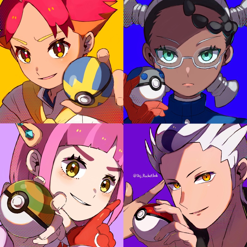 absurdres amarys_(pokemon) arched_bangs black_hair blue_background blue_gakuran blueberry_academy_school_uniform braid closed_mouth crispin_(pokemon) crossed_wrists dark-skinned_female dark_skin drayton_(pokemon) eyelashes gakuran glasses gloves green_eyes grey_hair hair_ornament hairclip heavy_ball highres holding holding_poke_ball jacket lacey_(pokemon) looking_at_viewer medium_hair mismatched_eyebrows multicolored_hair nest_ball nintendo open_clothes open_mouth orange_hair orange_lips pink_hair poke_ball poke_ball_(basic) pokemon pokemon_sv purple_hair quad_tails quick_ball red_gloves red_hair red_pupils school_uniform semi-rimless_eyewear shirt short_hair single_braid single_glove smile twitter_username two-tone_hair white_hair white_shirt yellow_background yellow_eyes yomogi_dango_(sbj_rocketlink) zooming_in