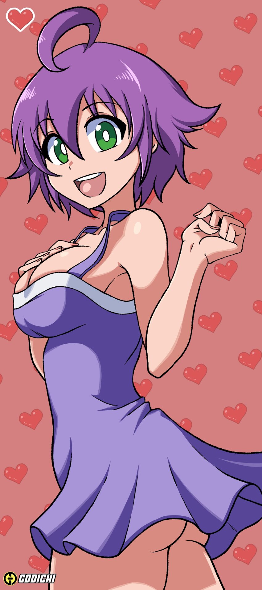 1girl absurdres artist_name ass breasts cleavage dress from_side green_eyes hand_on_own_chest heart highres large_breasts legs looking_at_viewer no_panties open_mouth original purple_hair sideboob sleeveless sleeveless_dress smile solo thick_thighs thighs yukino_akaihi yukino_memories