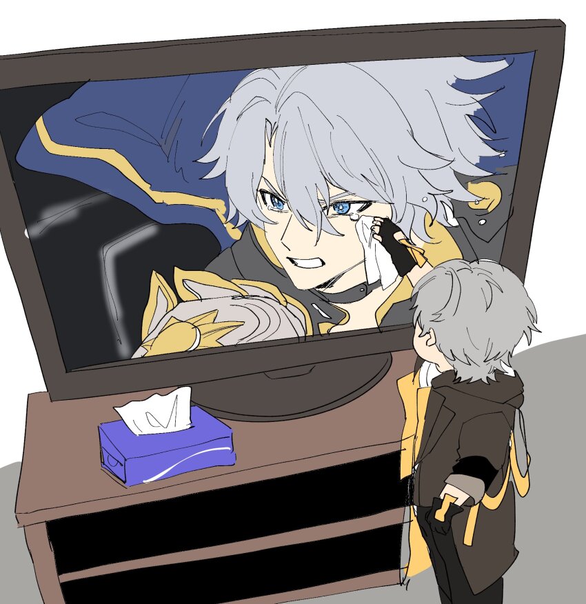 2boys aged_down arm_up armor black_choker black_coat black_gloves black_pants blue_cape blue_eyes caelus_(honkai:_star_rail) cape child choker coat crying crying_with_eyes_open fingerless_gloves floating_cape girl_drying_tv_tears_(meme) gloves grey_hair hair_between_eyes handkerchief highres holding holding_handkerchief honkai:_star_rail honkai_(series) hood hooded_coat lapels long_sleeves looking_to_the_side male_focus meme multiple_boys pants phainon_(honkai:_star_rail) shirt short_hair shoulder_armor souen_senri symbol-shaped_pupils t-shirt tears teeth television tissue_box trailblazer_(honkai:_star_rail) two-sided_coat two-sided_fabric v-shaped_eyebrows white_shirt yellow_coat