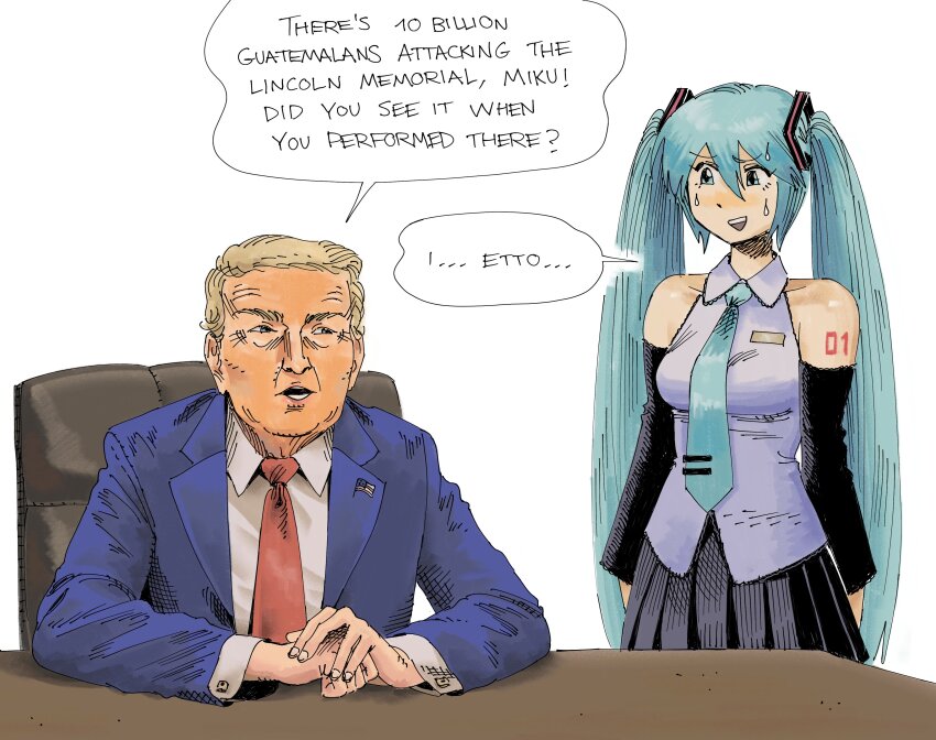 1boy 1girl absurdres american_flag aqua_necktie bare_shoulders black_skirt black_sleeves blue_hair blue_suit blush chair desk detached_sleeves donald_trump english_text formal_clothes green_eyes grey_shirt hand_on_table hatsune_miku heidi_(heytherenrds) high_collar highres long_hair looking_at_another looking_to_the_side necktie open_mouth pleated_skirt real_life red_necktie shirt simple_background skirt sleeveless sleeveless_shirt speech_bubble suit teeth twintails upper_teeth_only vocaloid white_background white_shirt