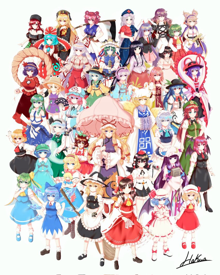 6+girls alice_margatroid animal_ears apron bat_wings black_hair blonde_hair blue_eyes blue_hair breasts broom brown_eyes brown_hair cat_ears cat_girl cat_tail chen cirno daiyousei doll dress fairy_wings flandre_scarlet fox_girl fox_tail frills fujiwara_no_mokou gohei green_eyes green_hair hair_ribbon hairband hakua_illustrat hakurei_reimu hand_fan hat hecatia_lapislazuli highres hijiri_byakuren hinanawi_tenshi holding holding_fan holding_gohei holding_umbrella hong_meiling houraisan_kaguya ibaraki_kasen ice ice_wings inaba_tewi izayoi_sakuya junko_(touhou) kagiyama_hina kawashiro_nitori kazami_yuuka kirisame_marisa koakuma kochiya_sanae komeiji_koishi komeiji_satori konpaku_youmu large_breasts lolita_hairband long_hair long_sleeves maid_headdress medium_breasts medium_hair mob_cap moriya_suwako multiple_girls multiple_tails nagae_iku navel ofuda onozuka_komachi pants patchouli_knowledge pink_hair ponytail puffy_sleeves purple_eyes rabbit_ears red_eyes red_hair reisen_udongein_inaba remilia_scarlet ribbon rumia saigyouji_yuyuko shameimaru_aya shiki_eiki shirt short_sleeves skirt small_breasts sword tabard tail tokin_hat touhou toyosatomimi_no_miko two_side_up umbrella vampire very_long_hair vest weapon white_background white_hair wings yagokoro_eirin yakumo_ran yakumo_yukari yasaka_kanako yellow_eyes