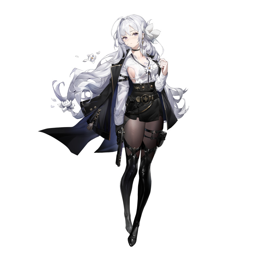 1girl absurdres ahoge arm_strap black_boots black_choker black_gloves black_jacket black_pantyhose black_ribbon black_skirt boots breasts choker closed_mouth collared_shirt curly_hair dress_shirt earrings farnese_lante flower full_body glasses gloves hair_flower hair_ornament hand_up haze/reverb highres holding holding_removed_eyewear jacket jacket_on_shoulders jewelry long_hair long_sleeves looking_at_viewer medium_breasts miniskirt neck_ribbon official_art pantyhose partially_unbuttoned pencil_skirt pouch purple_eyes ribbon shirt shirt_tucked_in sideboob sideboob_cutout single_glove skirt solo tachi-e thigh_boots thigh_pouch unworn_eyewear white-framed_eyewear white_boots white_hair white_shirt xiaohuanjie